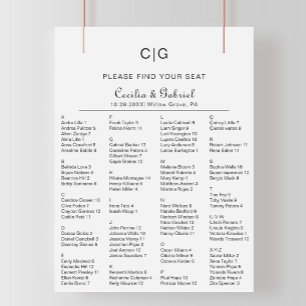 Tableau de sièges Mariage alphabétique minimaliste