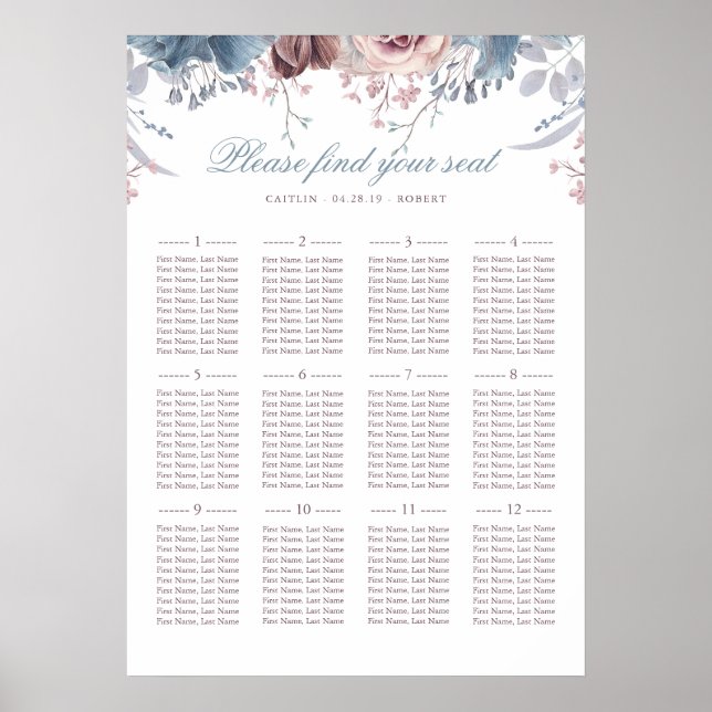 Tableau de sièges Mariage bleu et mauve Dusty (Devant)