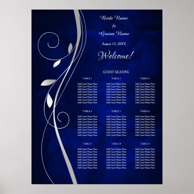 Tableau de sièges Mariage bleu feuille d'argent (Devant)