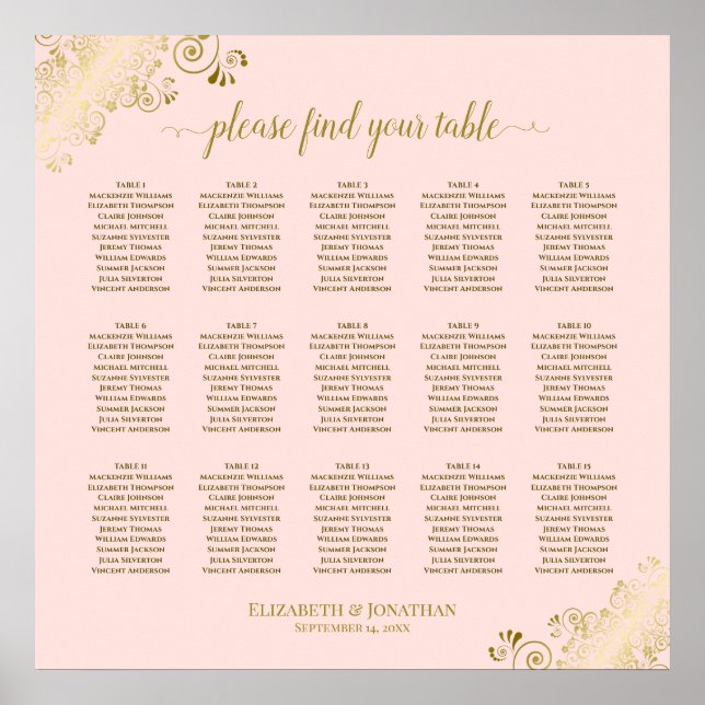 Tableau de sièges Mariage de 15 tables rose et or (Devant)