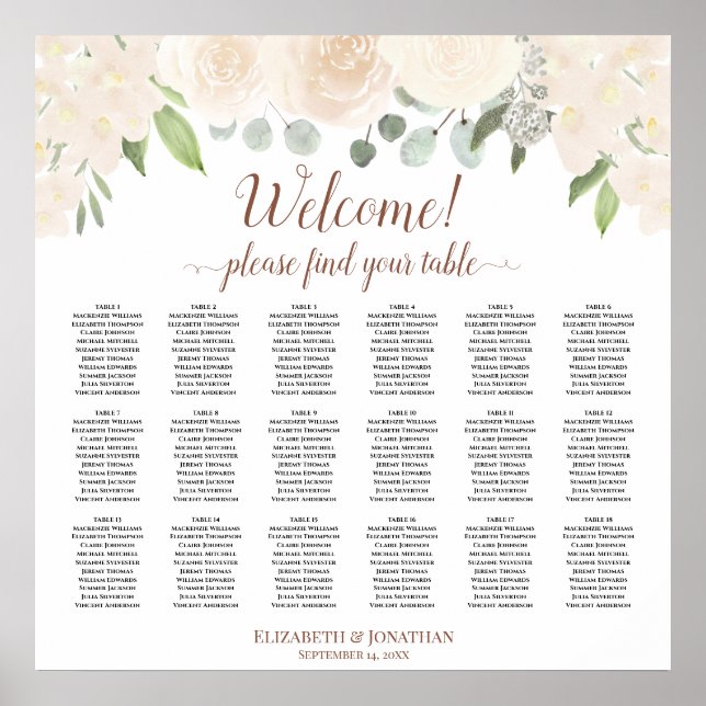 Tableau de sièges Mariage de 18 Roses de broches (Devant)