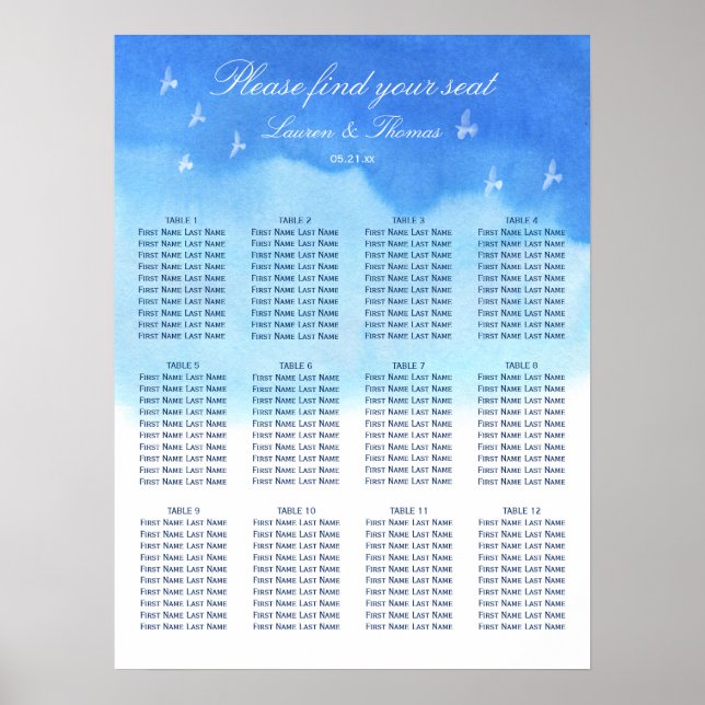 Tableau de sièges Mariage Doves & Blue Watercolor (Devant)