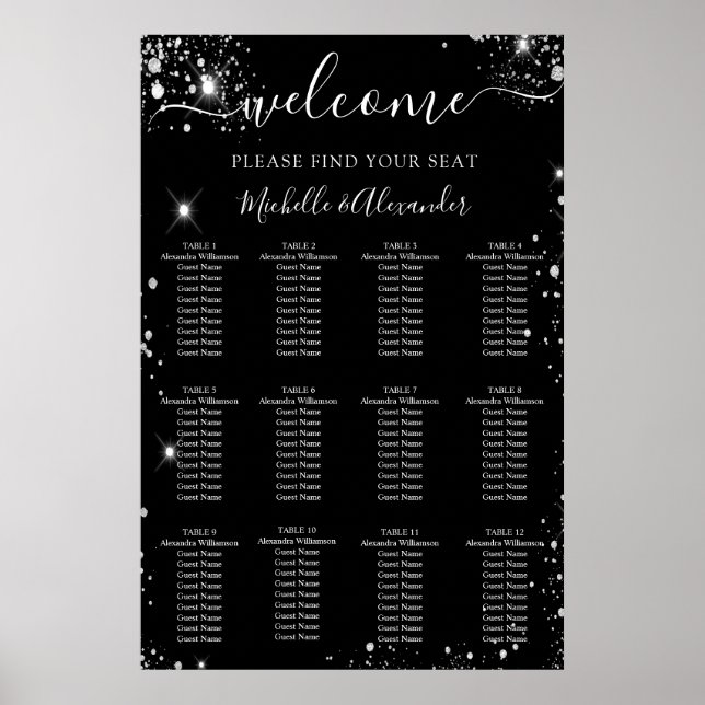 Tableau de sièges mariage en argent noir (Devant)