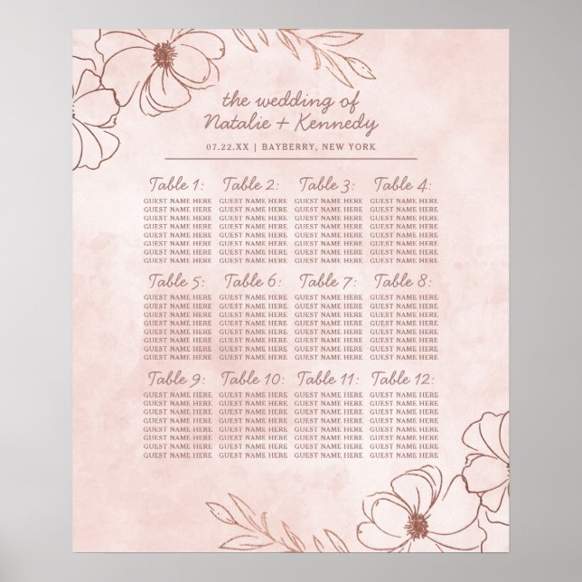 Tableau de sièges Mariage en or rose et Rose (Devant)