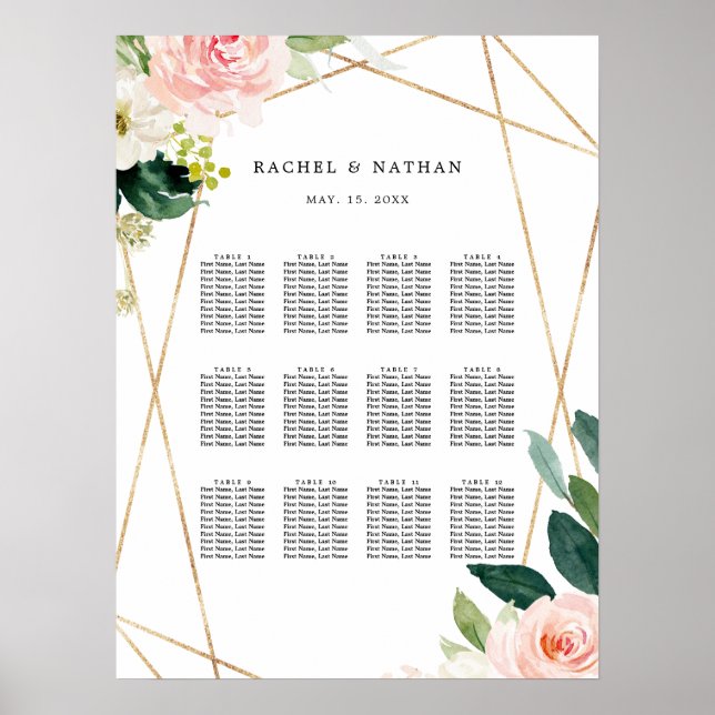 Tableau de sièges Mariage floral en or blanc (Devant)