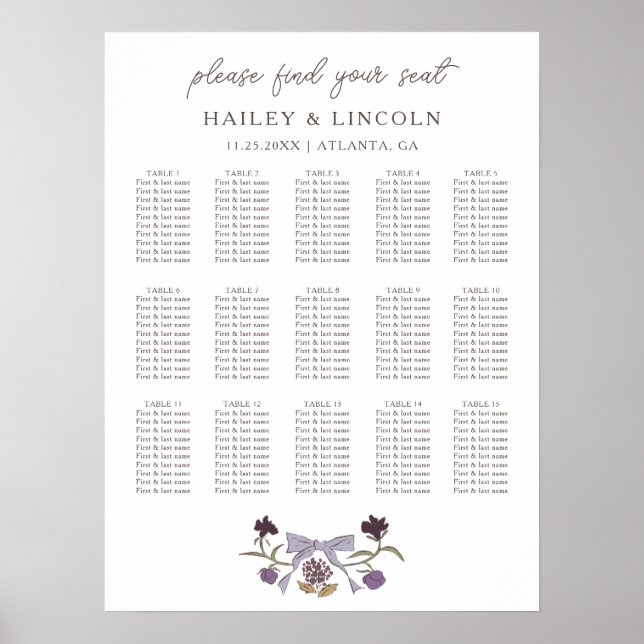 Tableau de sièges Mariage floral Rustique Lilac Bo (Devant)