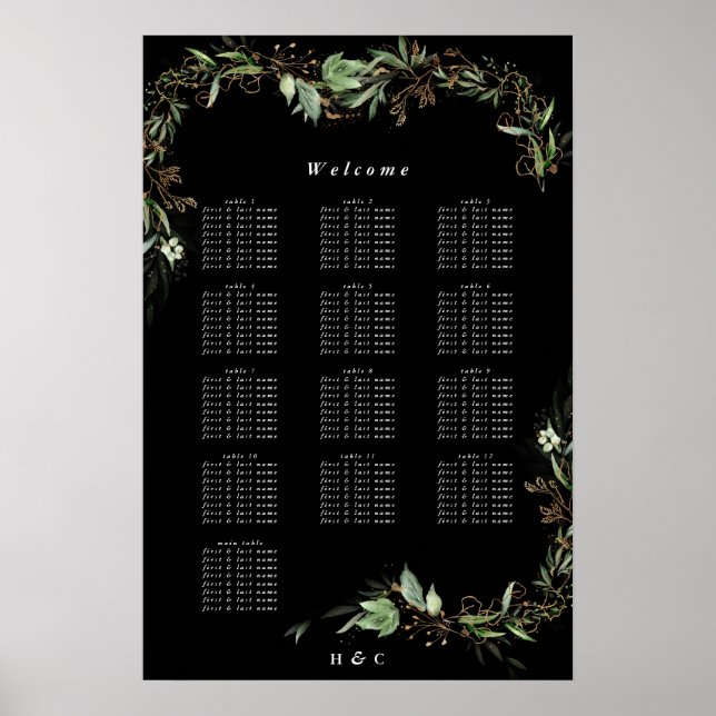 Tableau de sièges Mariage noir Eucalyptus botaniqu (Devant)