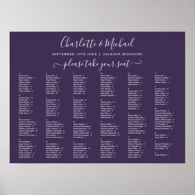 Tableau de sièges Mariage Purple 200 Noms (Devant)