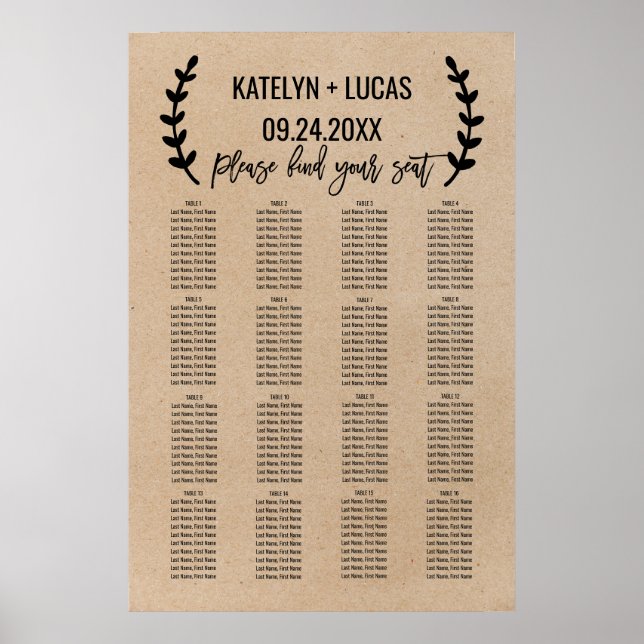 Tableau de sièges Mariage Rustique Chic Faux Kraft (Devant)