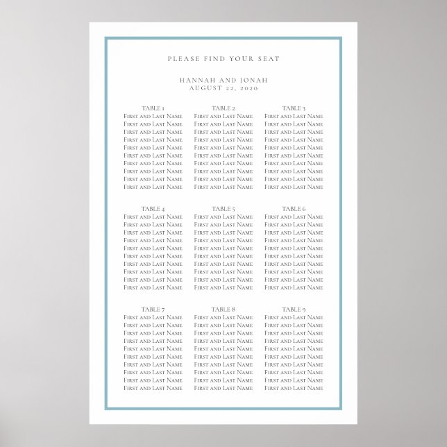 Tableau de sièges Mariage simple bleu et blanc (Devant)