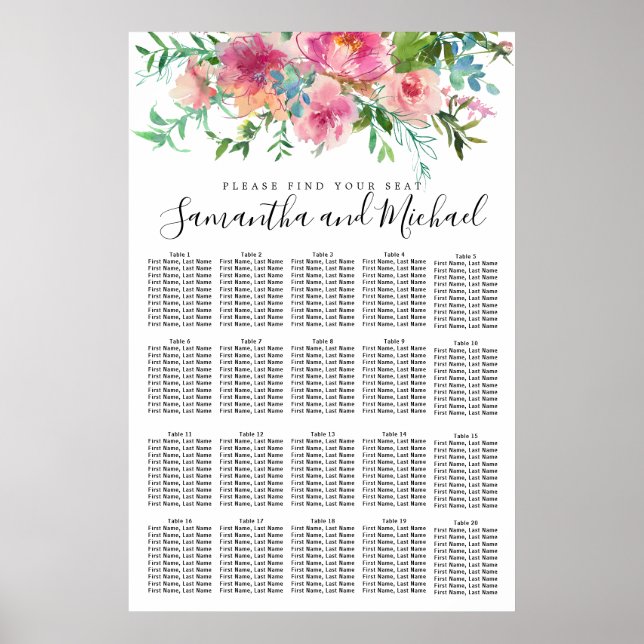 Tableau de sièges Mariages à 20 tables de pivoine  (Devant)