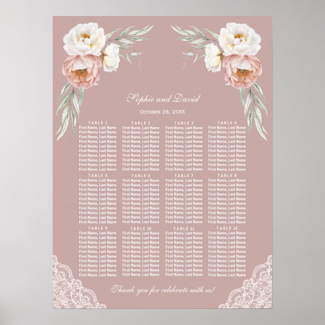Tableau de sièges Mariages à fleurs Roses blanches (Devant)