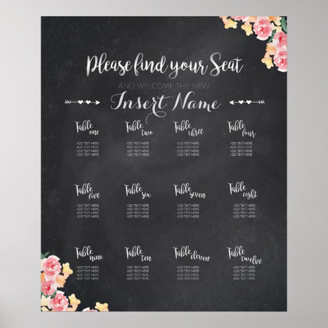 Tableau de sièges mariages | Chalkboard Floral (Devant)