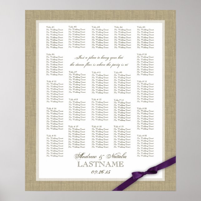 Tableau de sièges pour Mariage de  Burlap et Purpl (Devant)