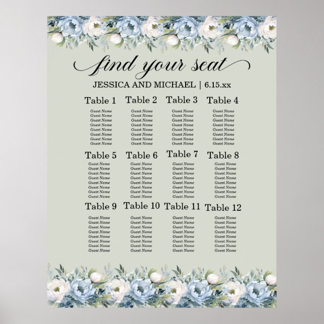 Tableau de sièges vert de mariage de couleur bleue (Devant)