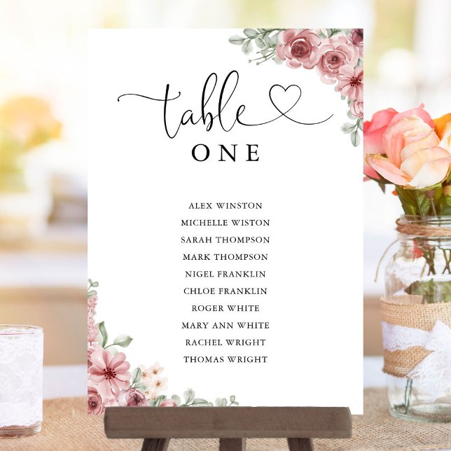 Tableau des numéros de table du script du coeur fl (Floral Heart Script Table Number Seating Chart)