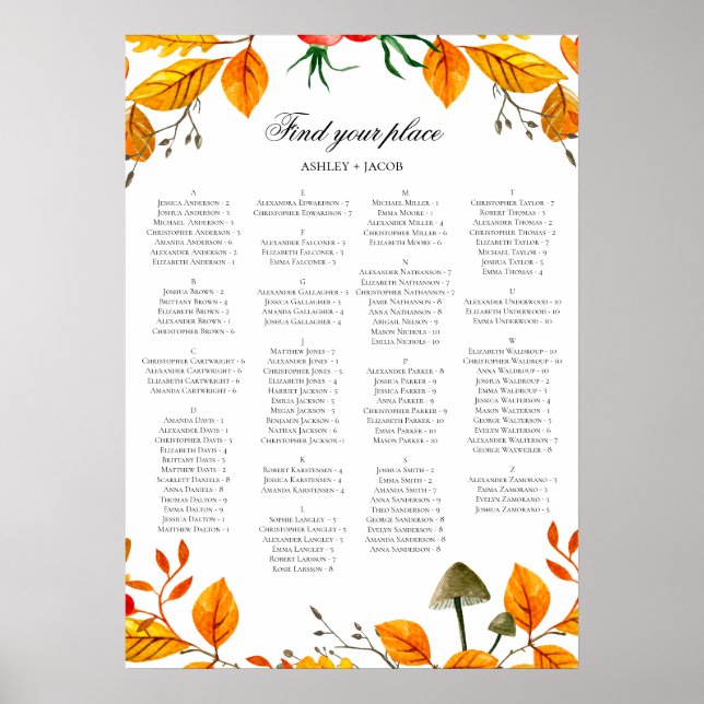 Tableau des places de l'alphabet mariage de automn (Devant)