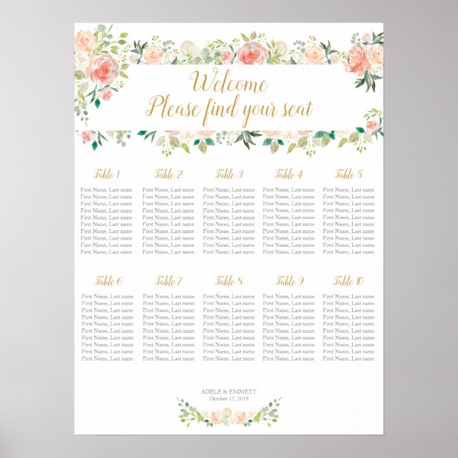 Tableau des places mariages 10 tables | roses bleu (Devant)