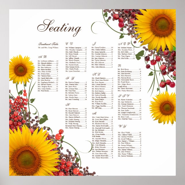 Tableau des sièges des Mariages de tournesol (Devant)