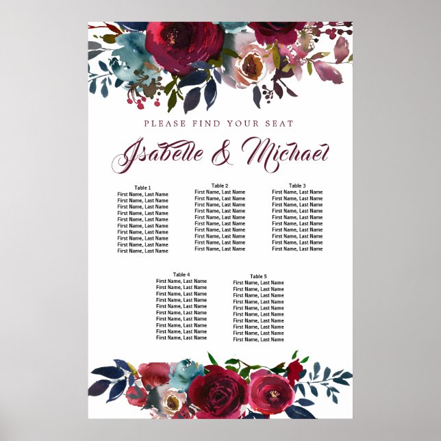 Tableau Mariage à 5 tables, Flore rouge foncé (Devant)