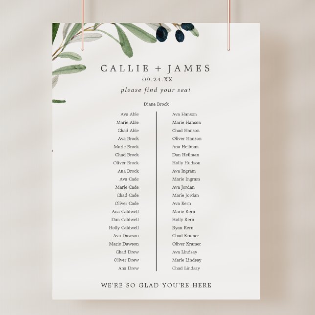 Tableau Mariage de table de banquet d'olive modern (Modern Olive Banquet Table Wedding Seating Chart)