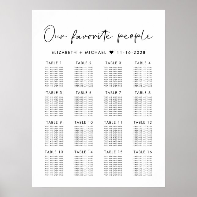 Tableau moderne des sièges Mariages de 16 tables (Devant)