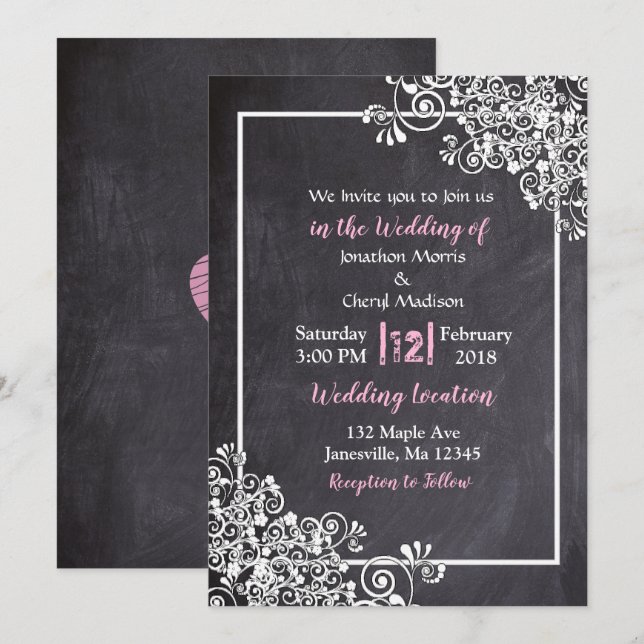 Tableau noir et rose Script de mariage Invitations (Devant / Derrière)