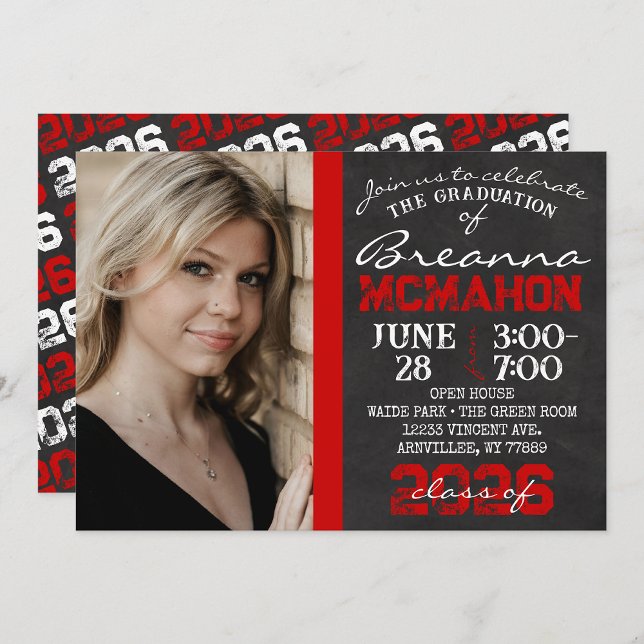 Tableau noir et rouge - Diplôme - photo Invitation ( Repeating Class Year 1 & 2 Photo Graduation Invitations & Announcements)