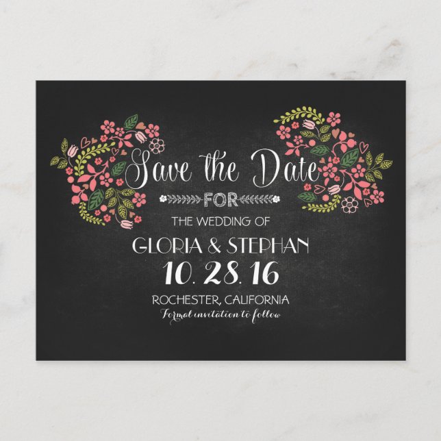 Tableau noir floral enregistrer la date cartes pos (Devant)