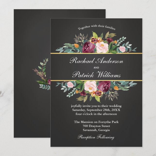Tableau noir rustique et Faire-part de mariage flo (Devant / Derrière)