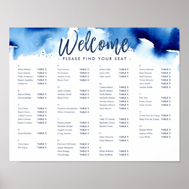 TABLEAU PLAN DE SIÈGE GRAPHIQUE Aquarelle bleu mod (Devant)