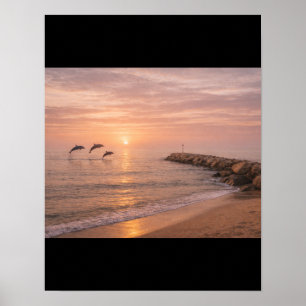 Tableau sur toile Golden Sunset Dolphins Beach C
