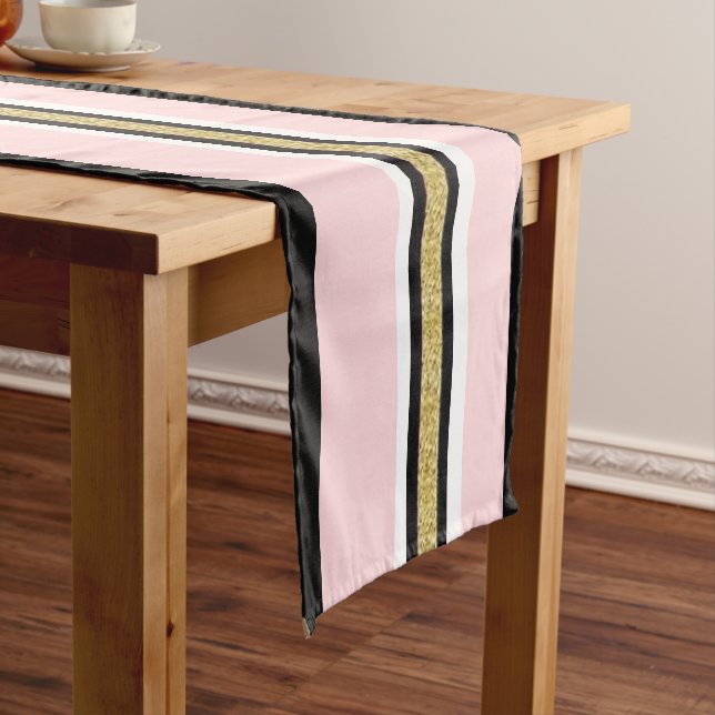 Tablecloth Runner Pink & White Gold Black Stripe (In Situ)