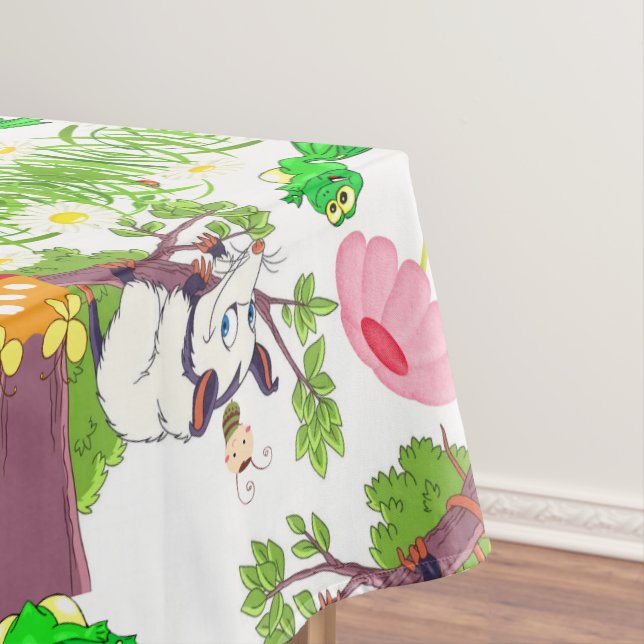 Tablecloth White Possum Chicks Frog Floral (In Situ)