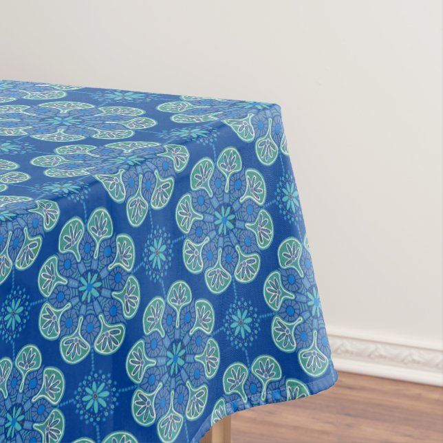 Tablecloth with blue and green medallions (In Situ)