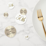 Tablefetti - Personalized 50th Wedding Anniversary Confetti<br><div class="desc">What a delightful, personalized addition to the table decor for a 50th wedding anniversary . . . OR . . . 50th birthday, for that matter. On one side of all three sizes a lovely, computer-generated pseudo-metallic gold "50th". On the other side, a radiating gold image is overlaid with a...</div>