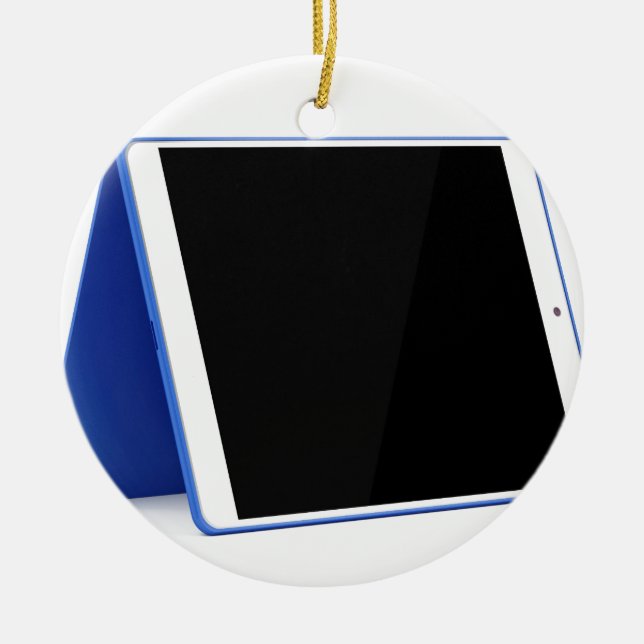 Tablet computer on white ceramic ornament (Front)