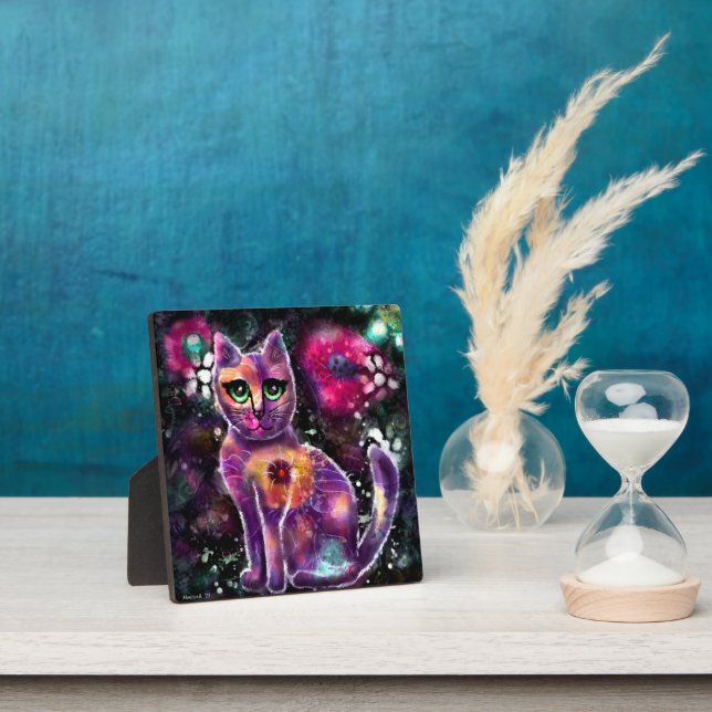 Tabletop Plaque Whimsical Abstract Floral Cat (Insitu)