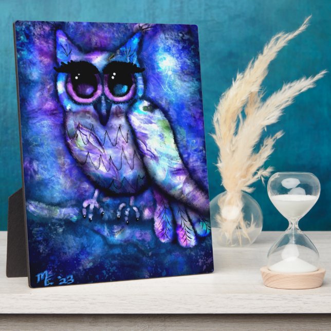 Tabletop Plaque Whimsical Big Eyes Owl Blue (Side)