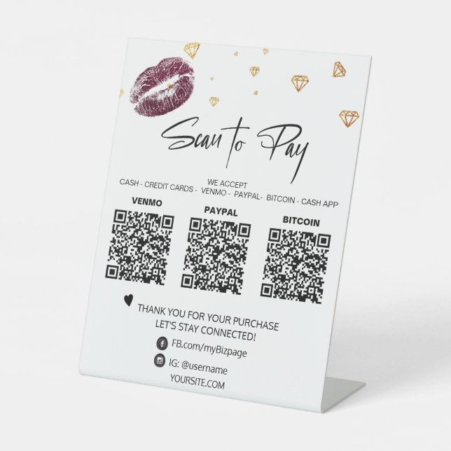 *~* Tabletop QR  3 PAYMENT Table Tent DIAMOND LIPS Pedestal Sign (Front)