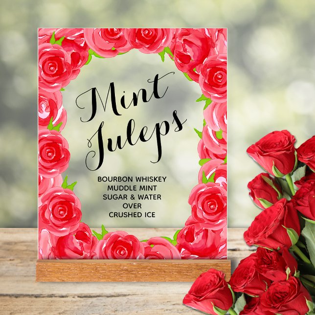 Tablette Jus de menthe de Roses rouges (Red roses bridal shower Mint Juleps tabletop acrylic sign)