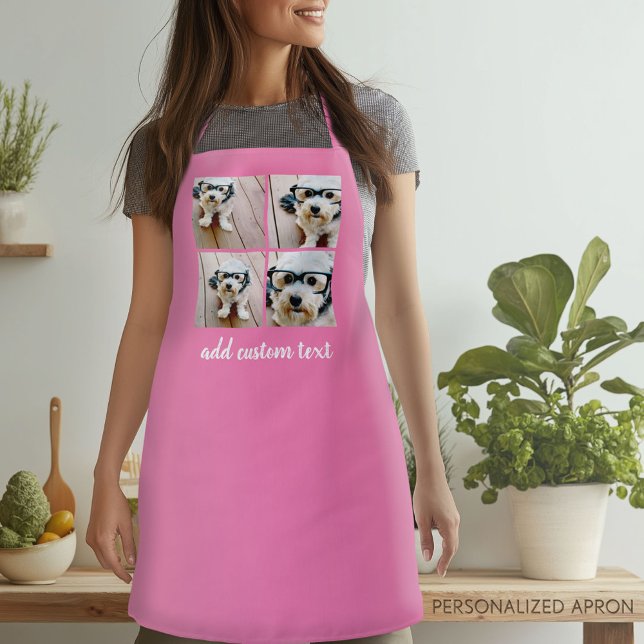 Tablier 4 Photo Collage - rose avec texte manuscrit (Personalized Apron)