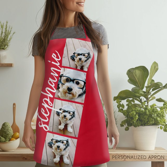 Tablier 4 Photo Film Strip Collage Nom du script rouge (Personalized Apron)