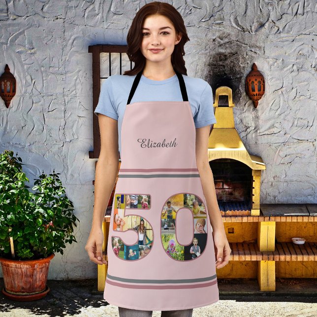 Tablier 50e anniversaire de fête Photo Collage Dusty Blush (BBQ or Kitchen apron 50th birthday gift with custom photo collage template. Blush dusty pink color.)