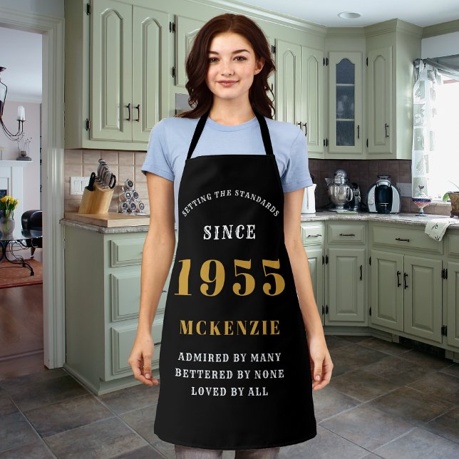 Tablier 70e anniversaire 1955 Nom Chic Elegant Black Gold (Personalized 70th birthday long black and gold apron)