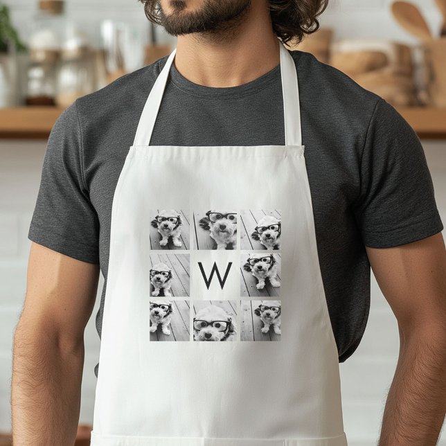 Tablier 8 Photo Collage personnalisé Monogramme noir et bl (Custom Apron with a Photo Collage)