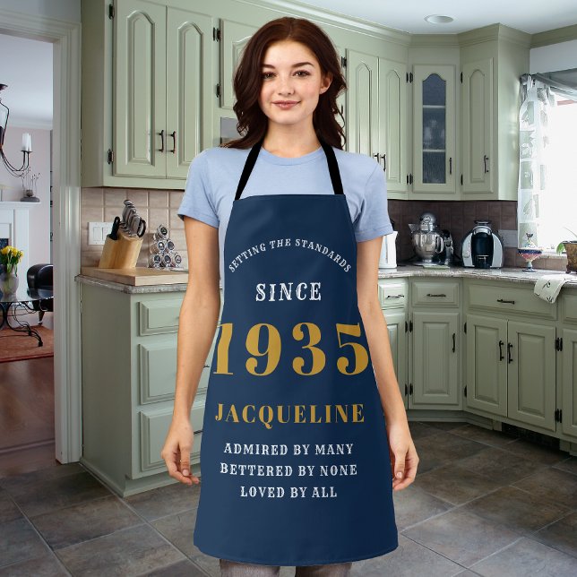 Tablier 90e anniversaire Né 1935 Bleu Et Or (Born 1935 blue and gold long apron)