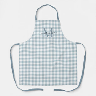 Tablier à carreaux bleu poussiéreux avec monogramm