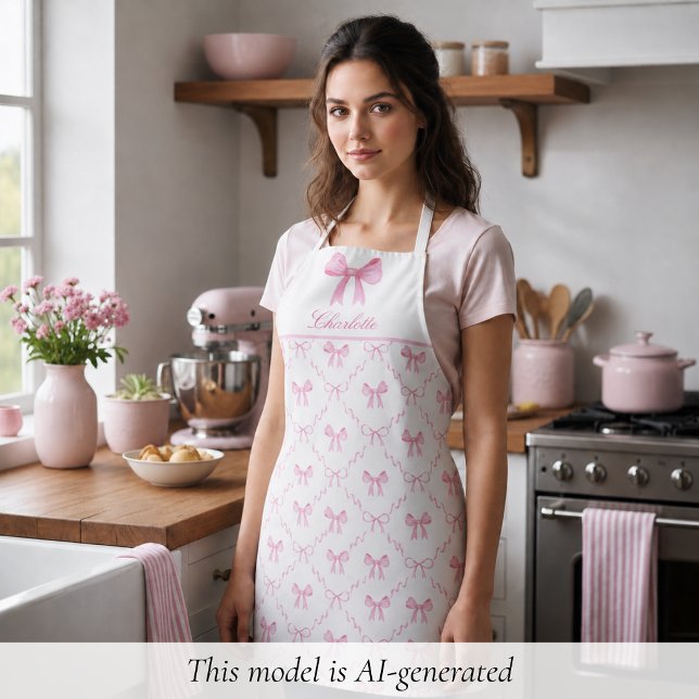 Tablier à Nœud Papillon Rose Coquette (sweet pretty cute coquette pink bow apron, custom name in script calligraphy, personalized gifts)