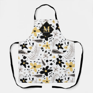 Tablier Abstrait noir gris jaune floral Monogramme